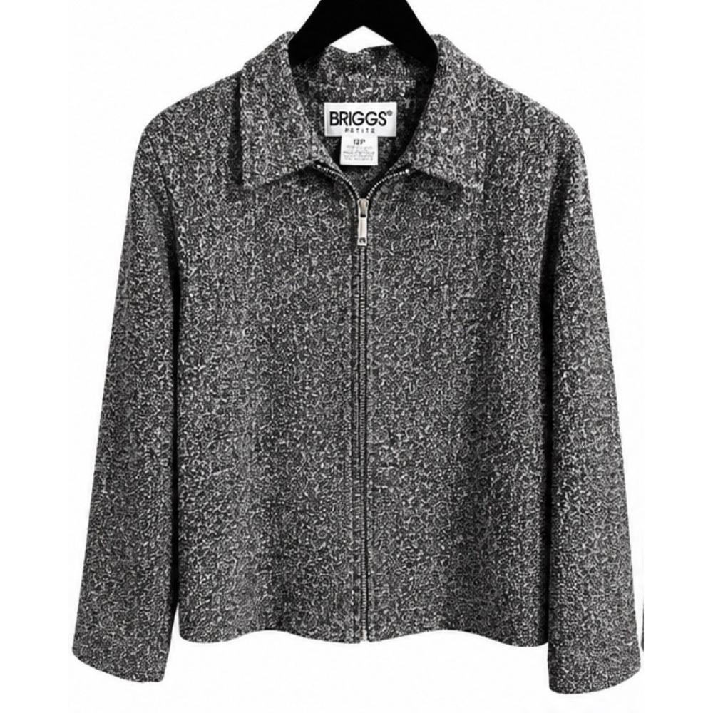 Briggs Petite Women 12P Black White Textured Zip Front Jacket 1-912-E11
